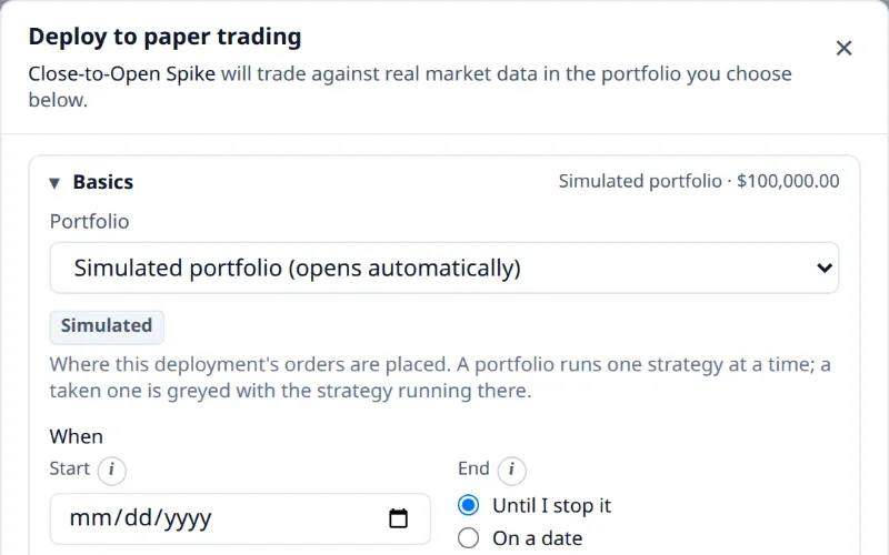 The deploy dialog: choose a simulated portfolio and a start date
